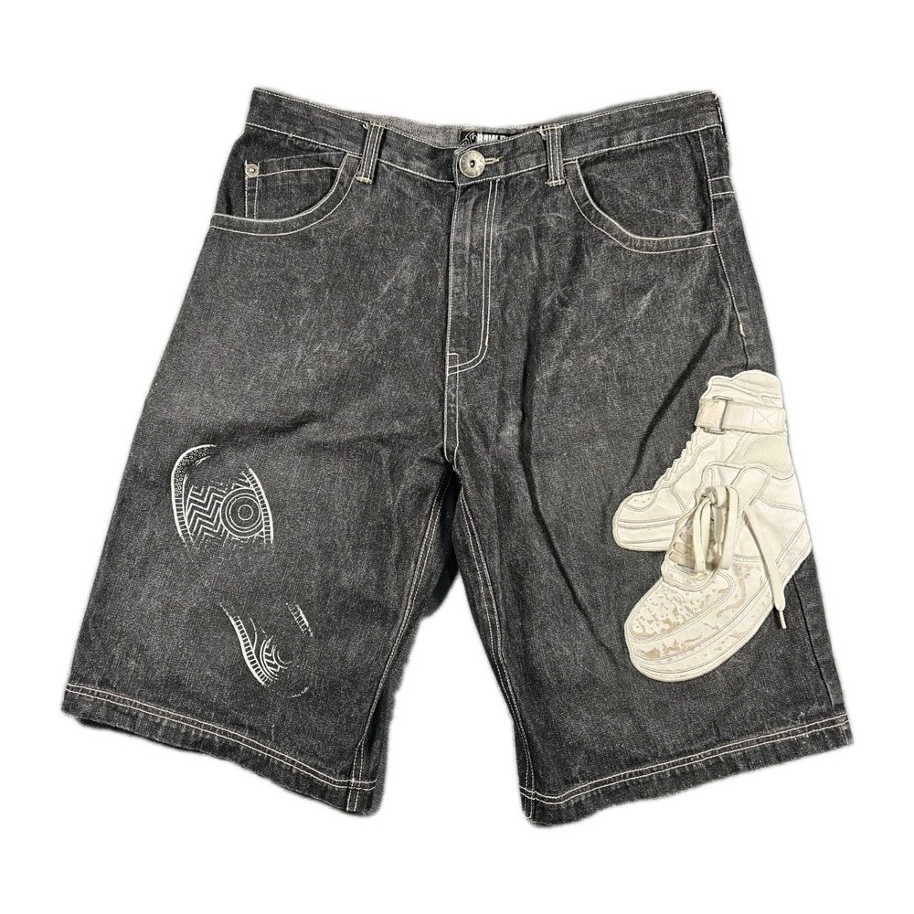 Raw Blue Mens Denim Shorts 38 Sneaker Patch Applique‎ Hip Hop Y2K Streetwear 13"